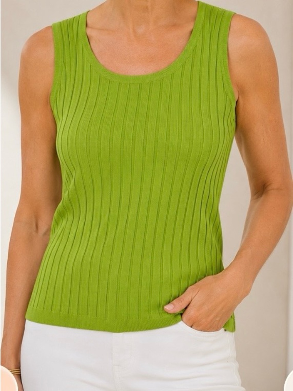 Chico’s Size 3 Lime Green Ribbed Knit Tank Top Sleeveless Stretch Scoop Neck